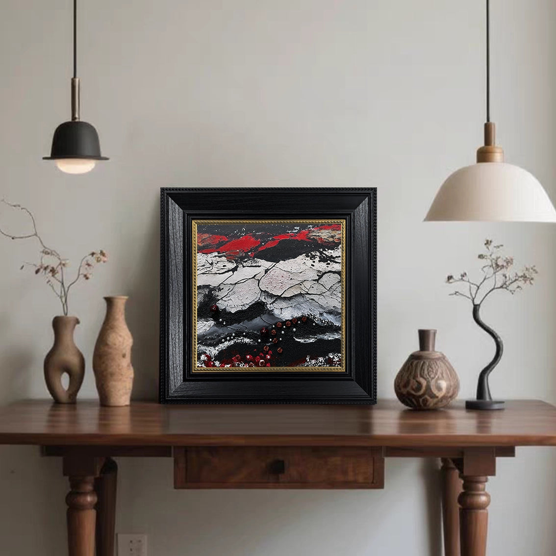 Luxury textured wall art with pearl inlay, displayed in contemporary living room for a refined, artistic touch.