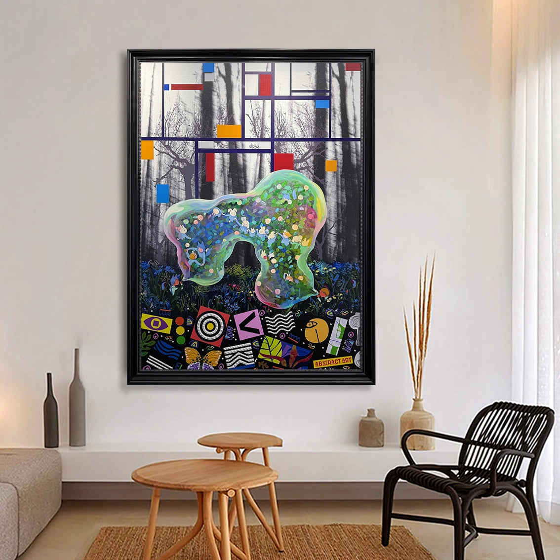 Modern abstract colorful wall art with pearl inlay, adding vibrant decor to living room spaces.
