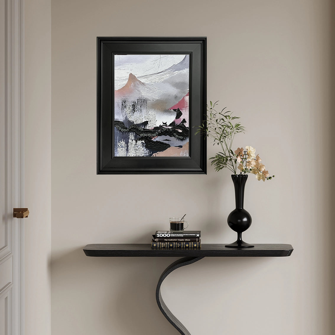 Abstract floral textured wall art with embossed details, displayed in a modern home interior.