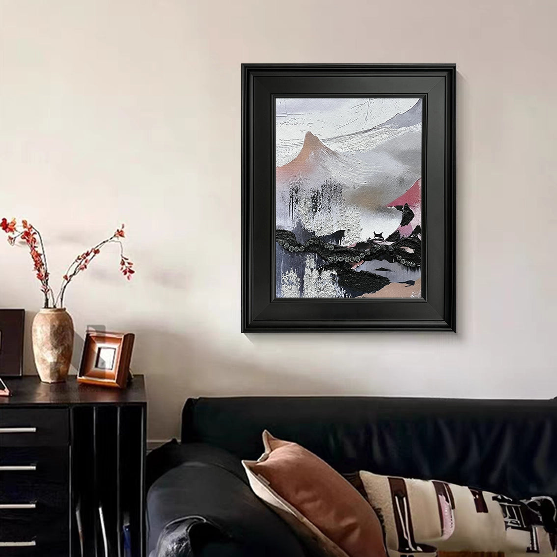 Abstract floral textured wall art hung in a minimalist interior, enhancing the room with elegant wall décor.