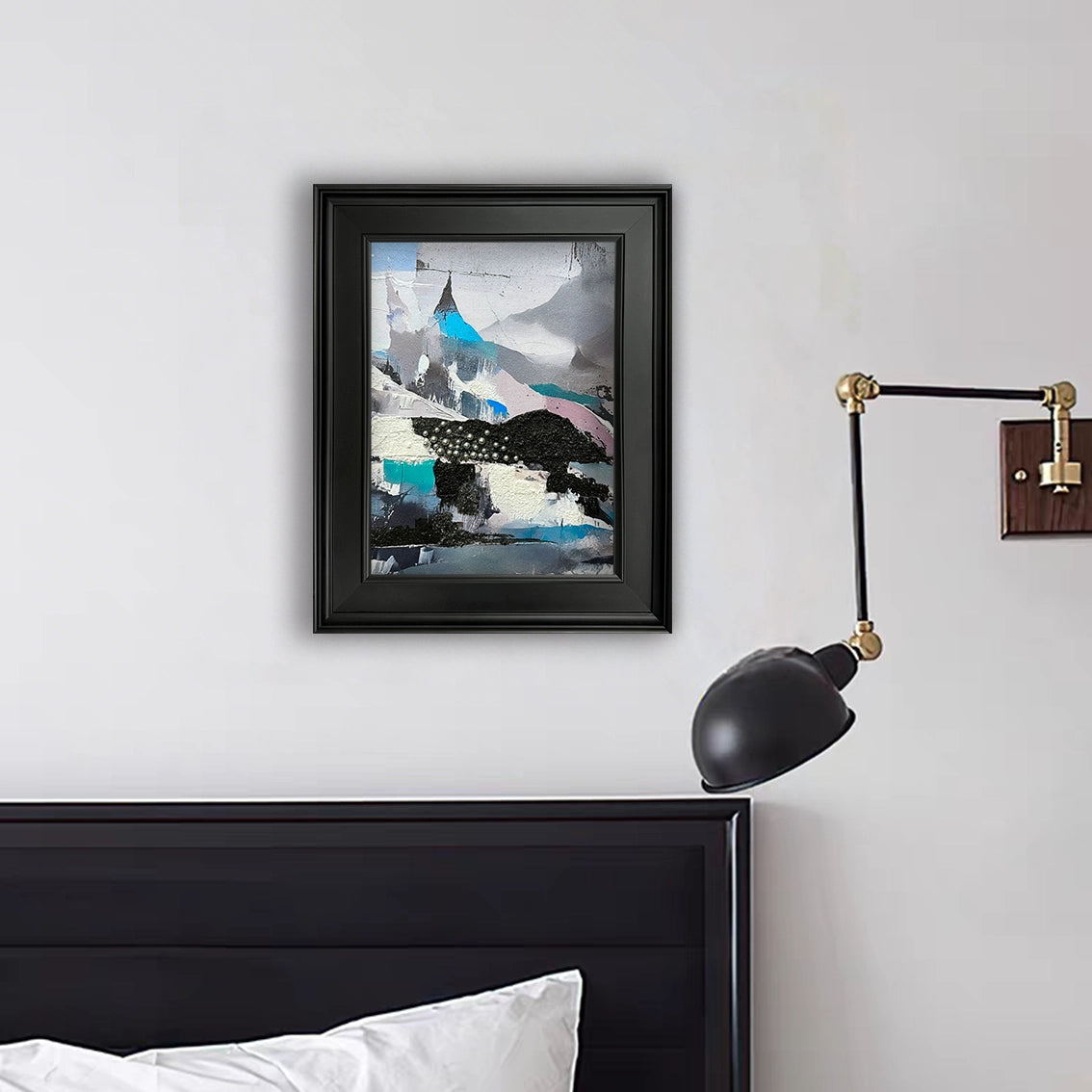 Abstract mountain wall decor with textured surface and pearl inlay, styled in a modern living space.