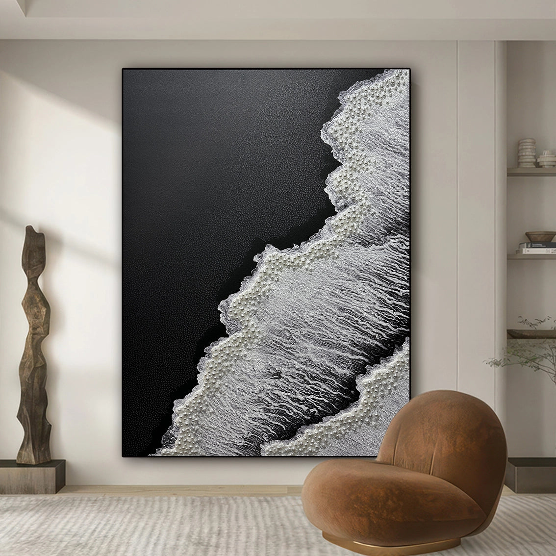 Abstract textured wall art in black and white with pearl inlay, positioned in a luxury modern living space.