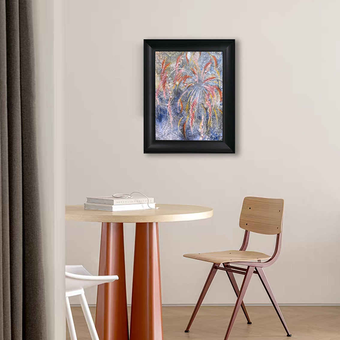Abstract textured wall art featuring pearl and crystal inlay, shown as elegant wall decor in a modern dining room setting.