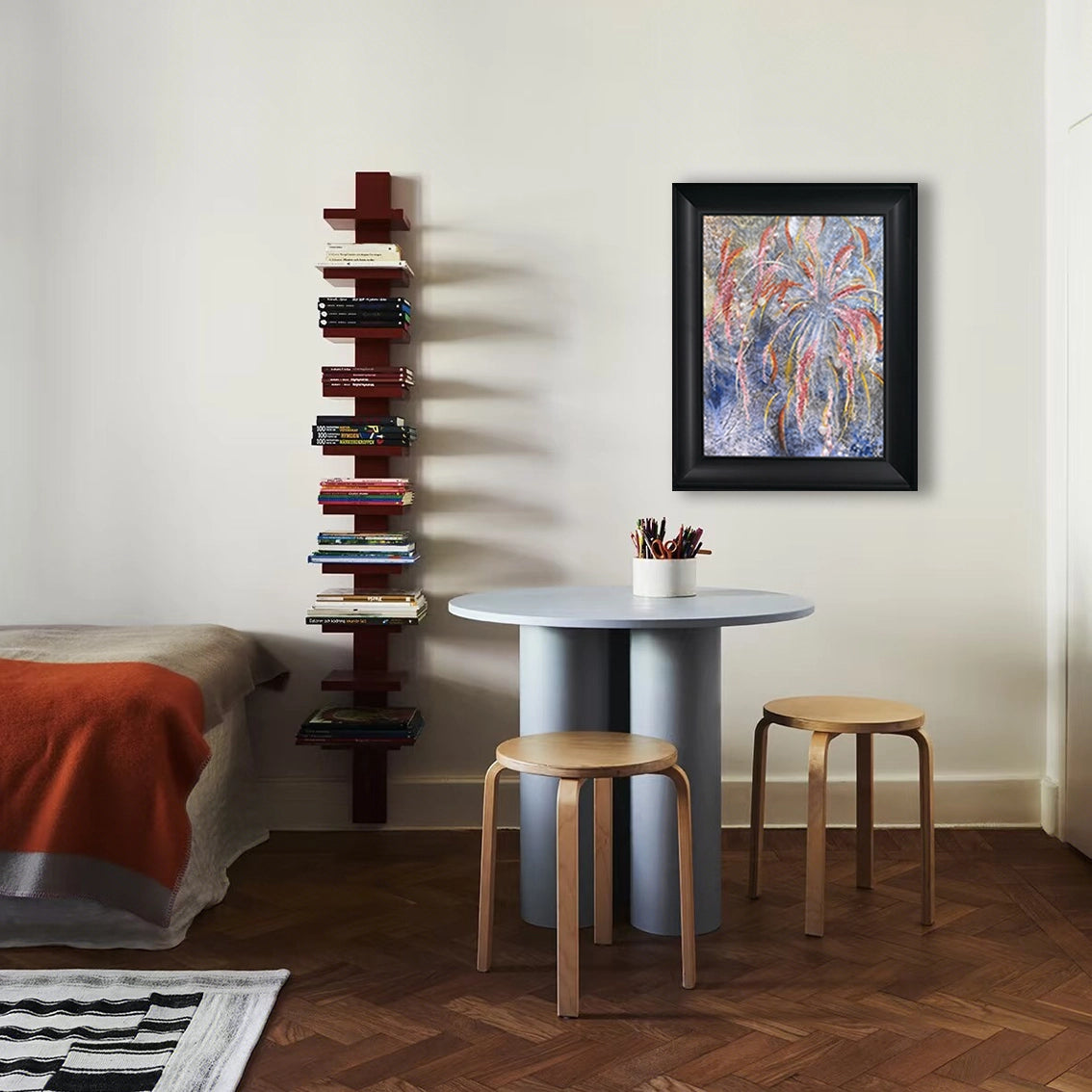 Abstract textured wall art with pearl and crystal inlay displayed as modern wall decor in a cozy reading or study interior.