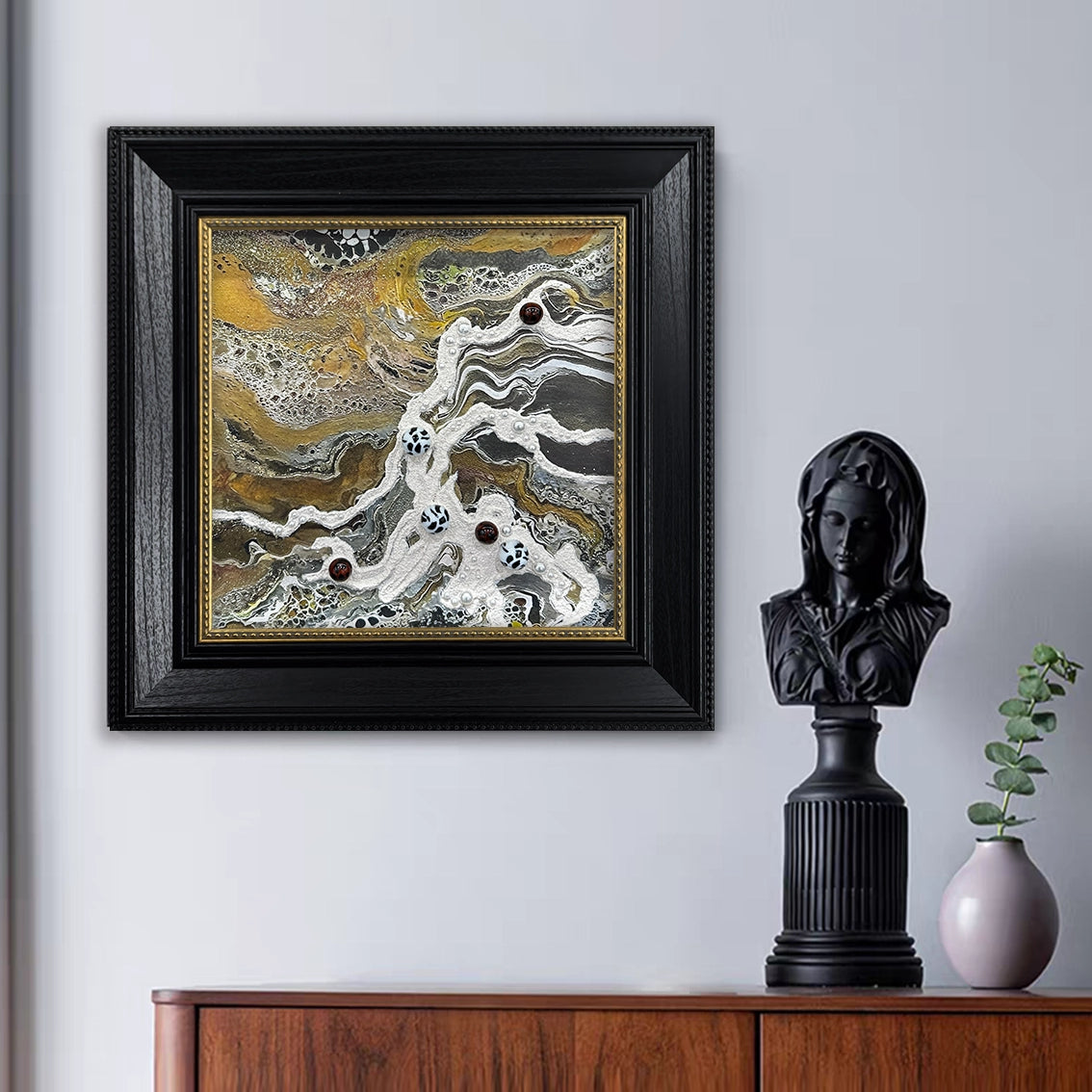 Modern abstract textured wall art with pearl and crystal inlay. Perfect for minimalist décor and contemporary home styling.