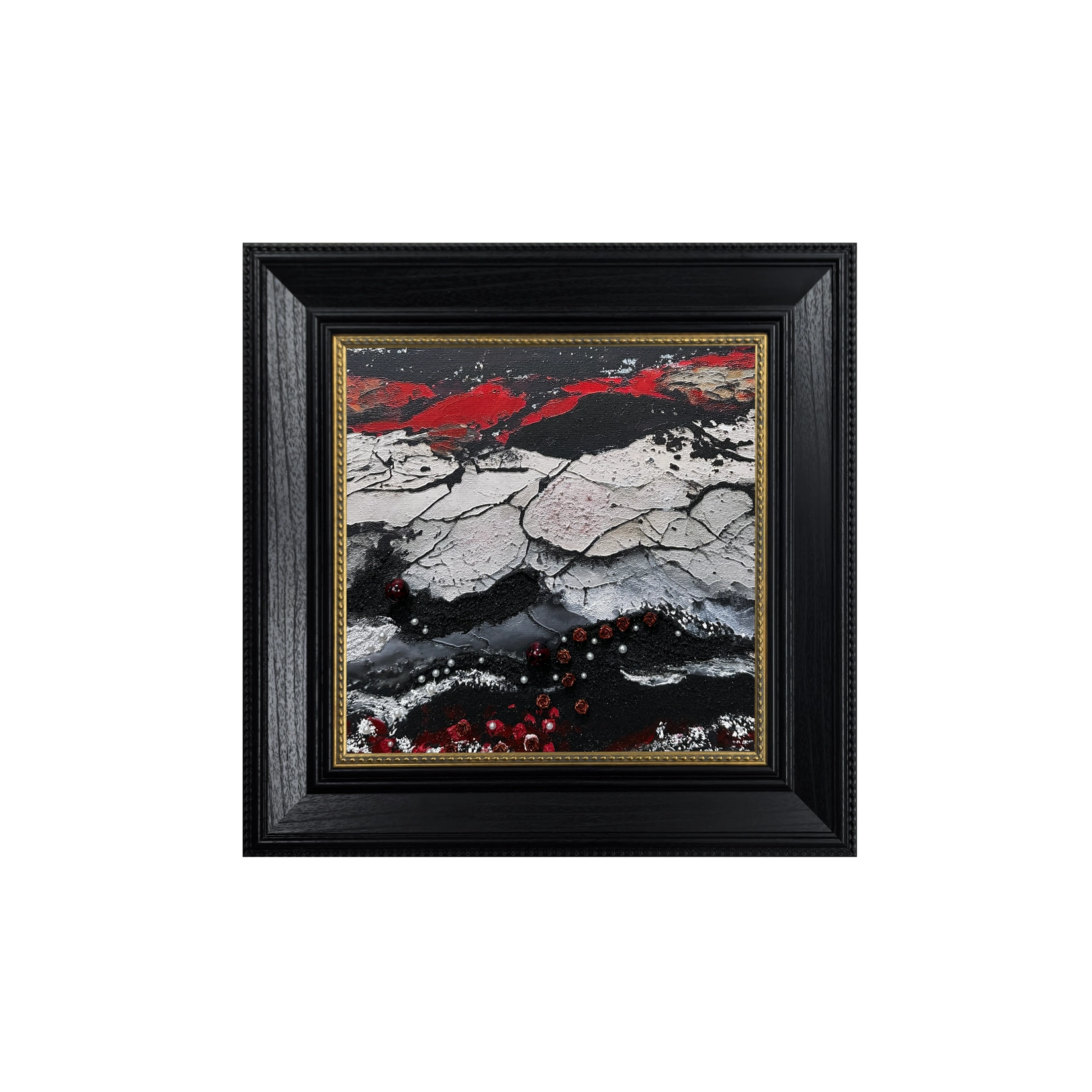 Abstract wall art with pearl inlay and textured design in black, white, and red. Perfect for luxurious modern décor.