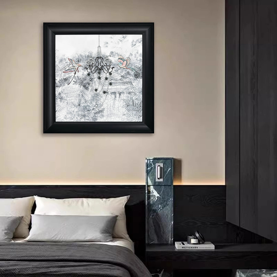 Abstract chandelier and birds wall art with textured design and pearl inlay. Perfect minimalist wall décor for modern spaces.