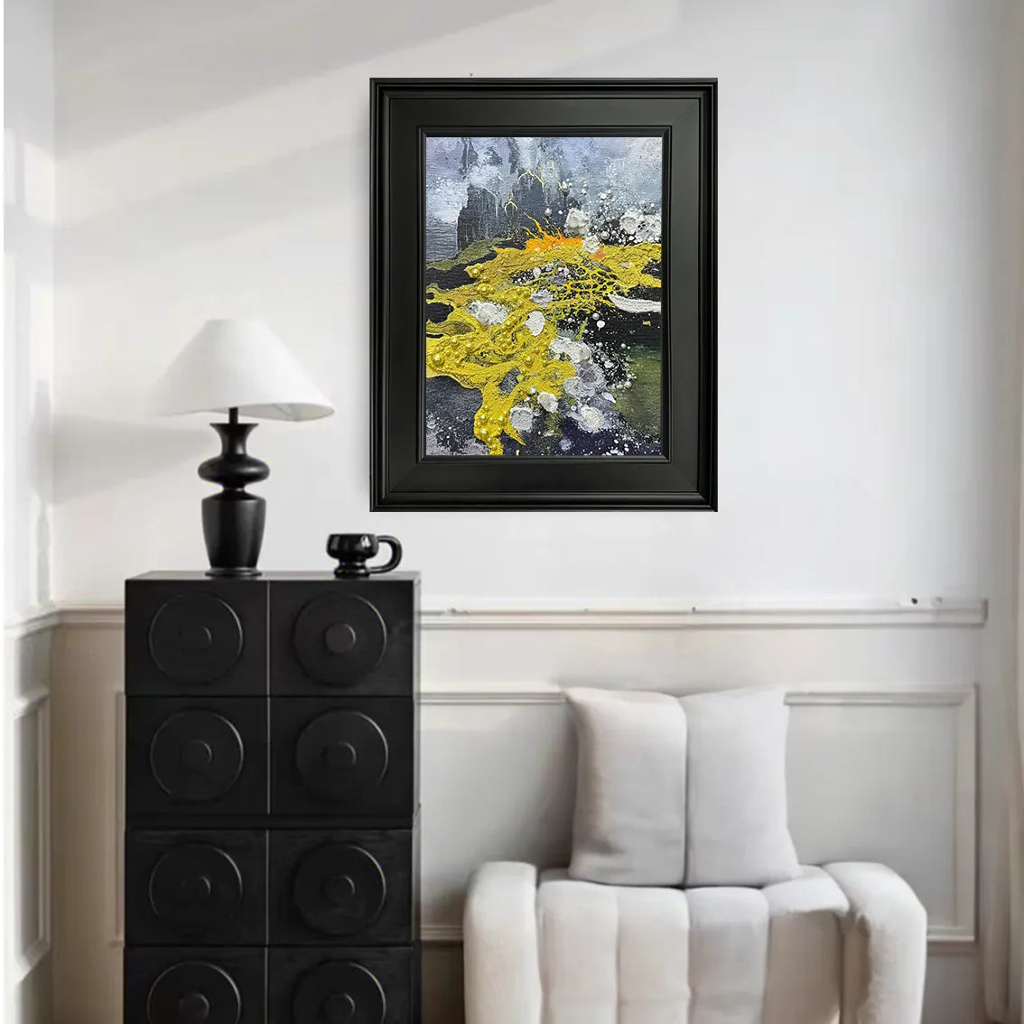 Abstract yellow and black wall art with textured design and pearl inlay, ideal for contemporary interiors.