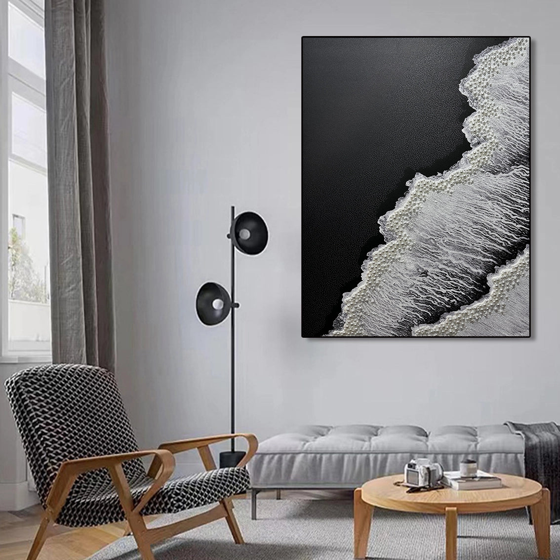 Artstellary abstract black white textured wall art with pearl inlay, displayed in a modern living room for contemporary wall decor.