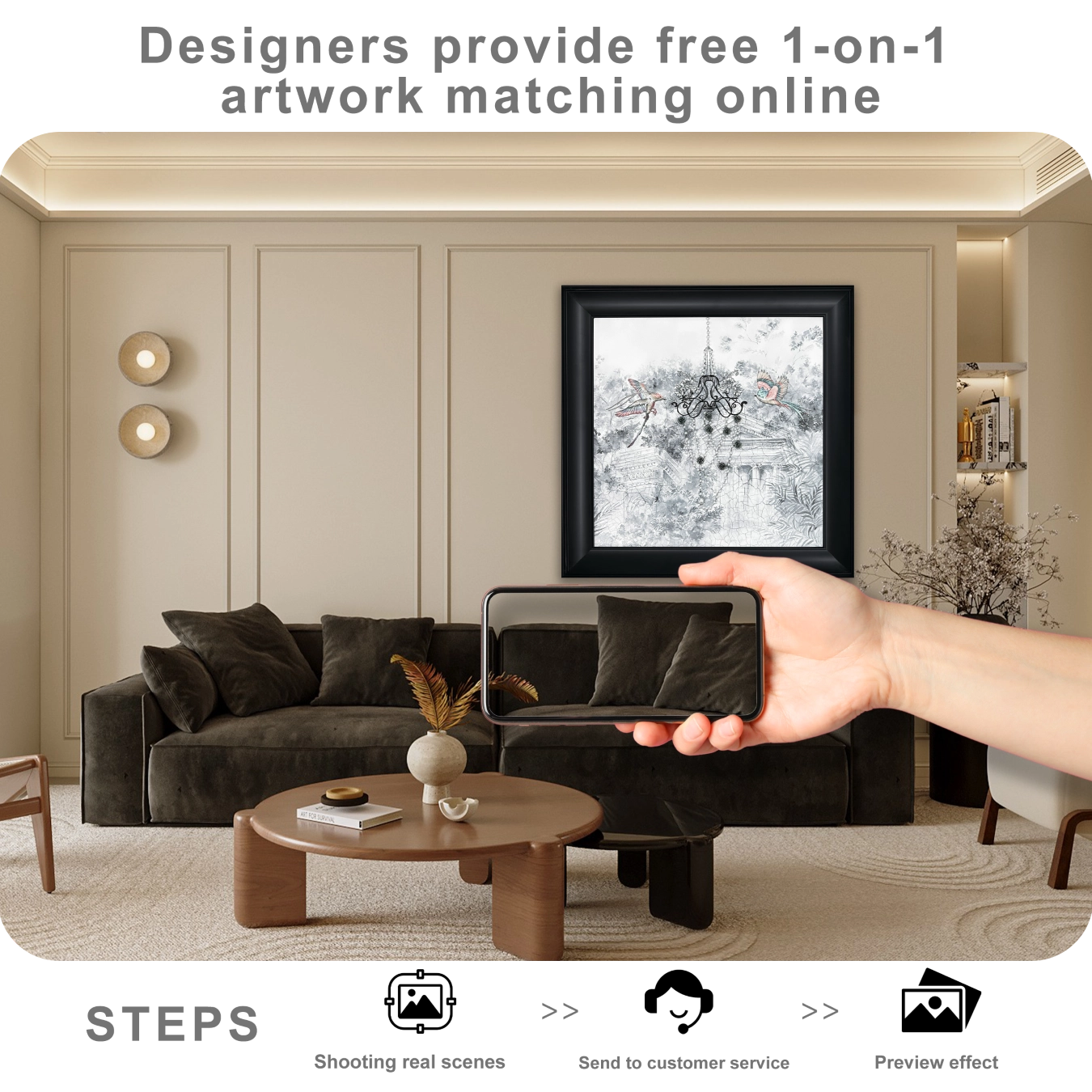 Free online artwork matching service showing wall art placement preview for modern home decor styling.