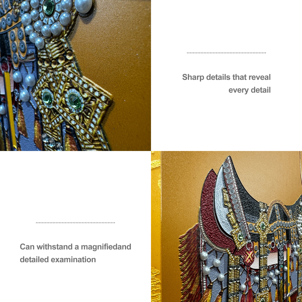 Close-up of pearl and diamond details on modern wall décor, showcasing fine craftsmanship.