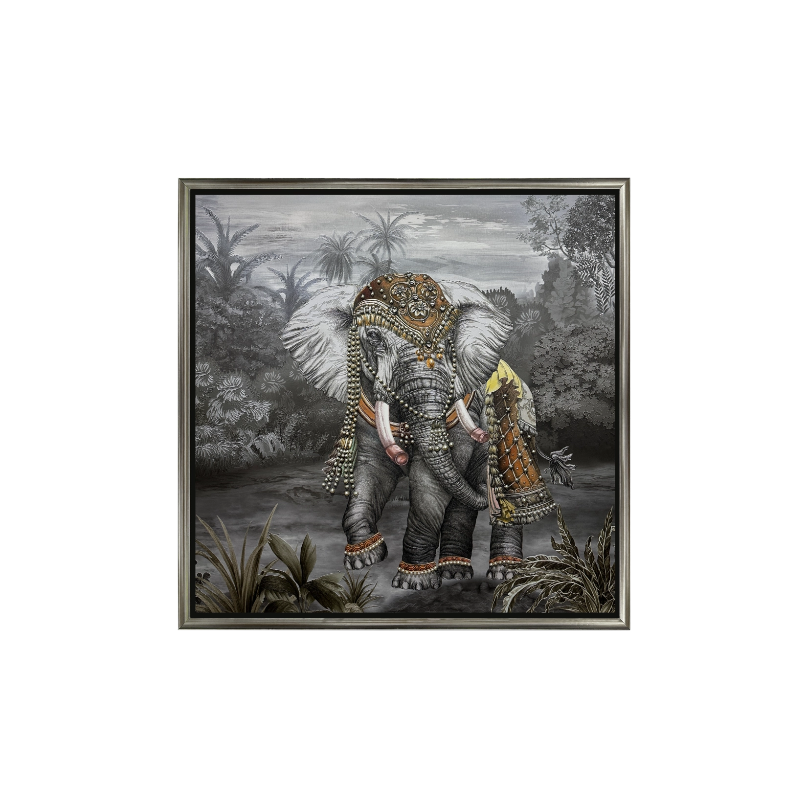 Artstellary textured elephant wall art with pearl and diamond inlay featuring detailed craftsmanship.