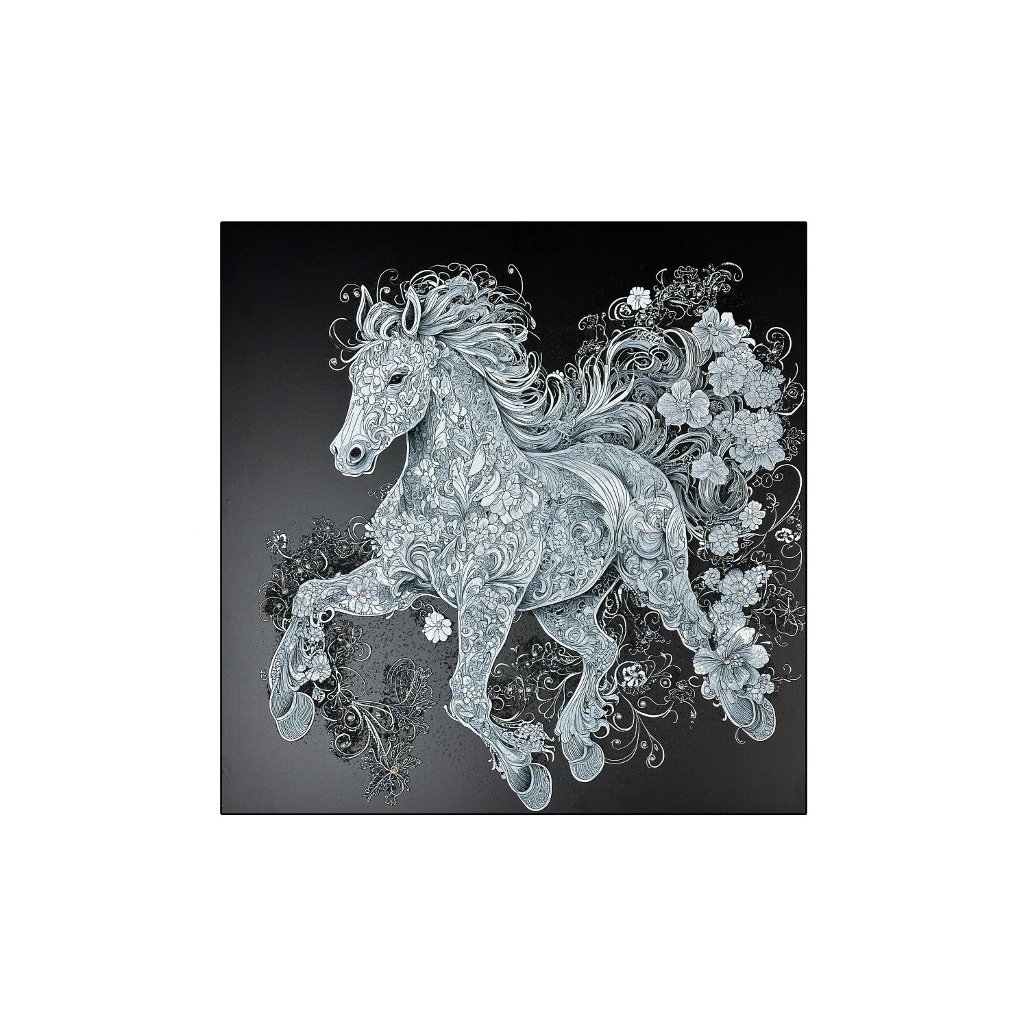 Detailed floral horse wall art featuring textured lines and diamond inlay on a black background by Artstellary.