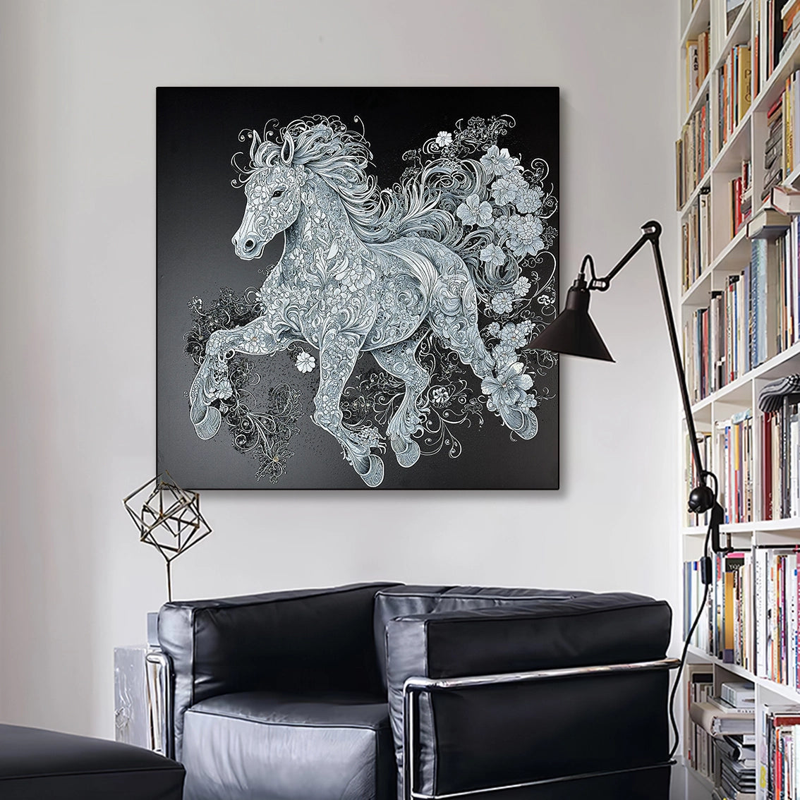 Artstellary floral textured horse wall art with diamond inlay displayed in a modern reading corner.