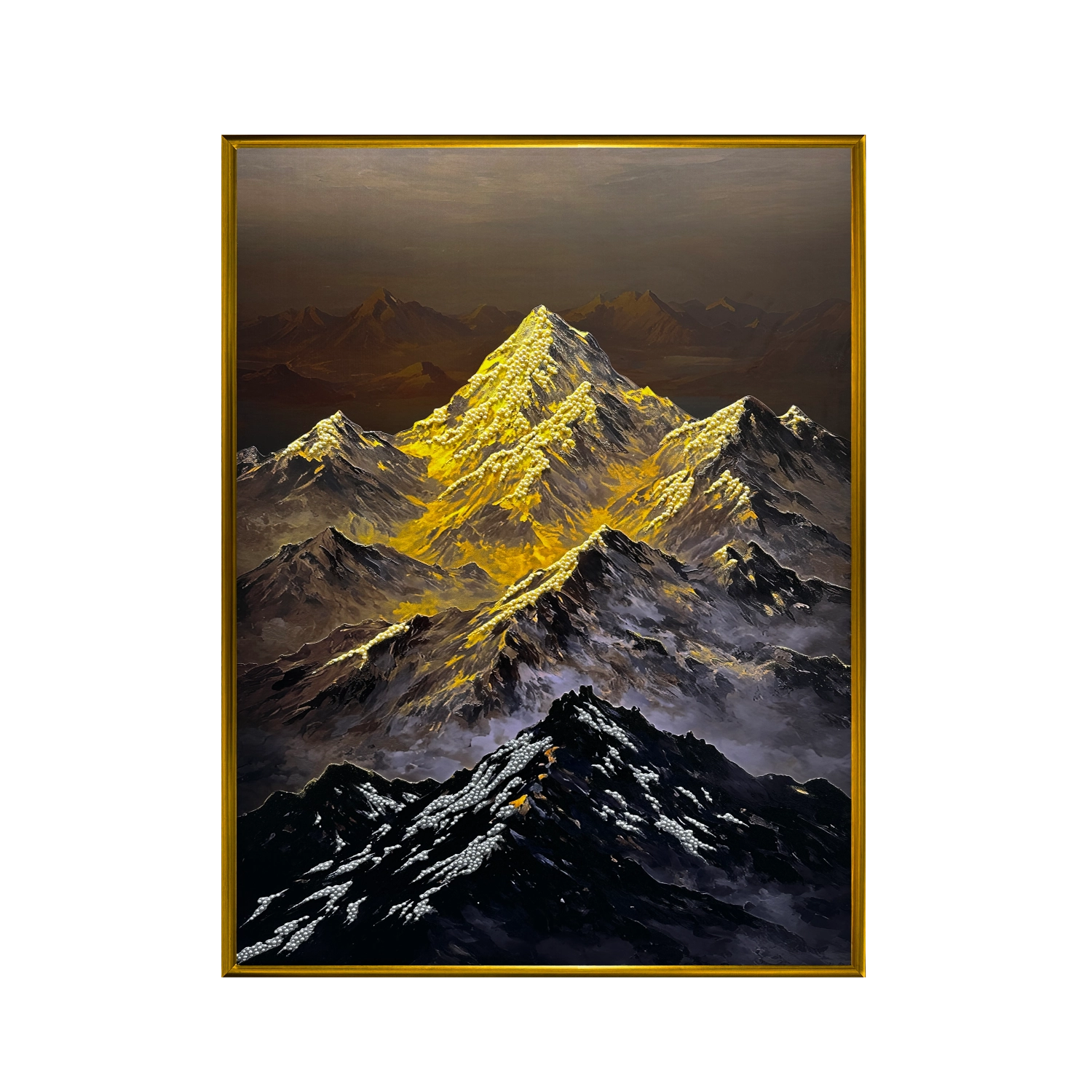 Artstellary golden mountain textured wall art with pearl inlay showcasing bold landscape detail and luxury decor.