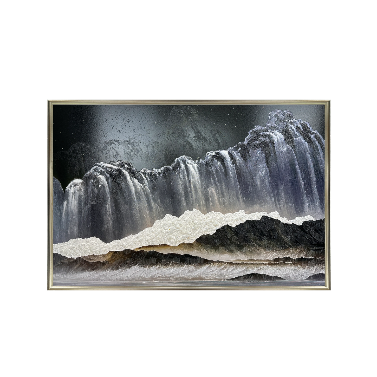 Textured wall art with crystal-embedded details, showing heavy texture in a modern interior setting.