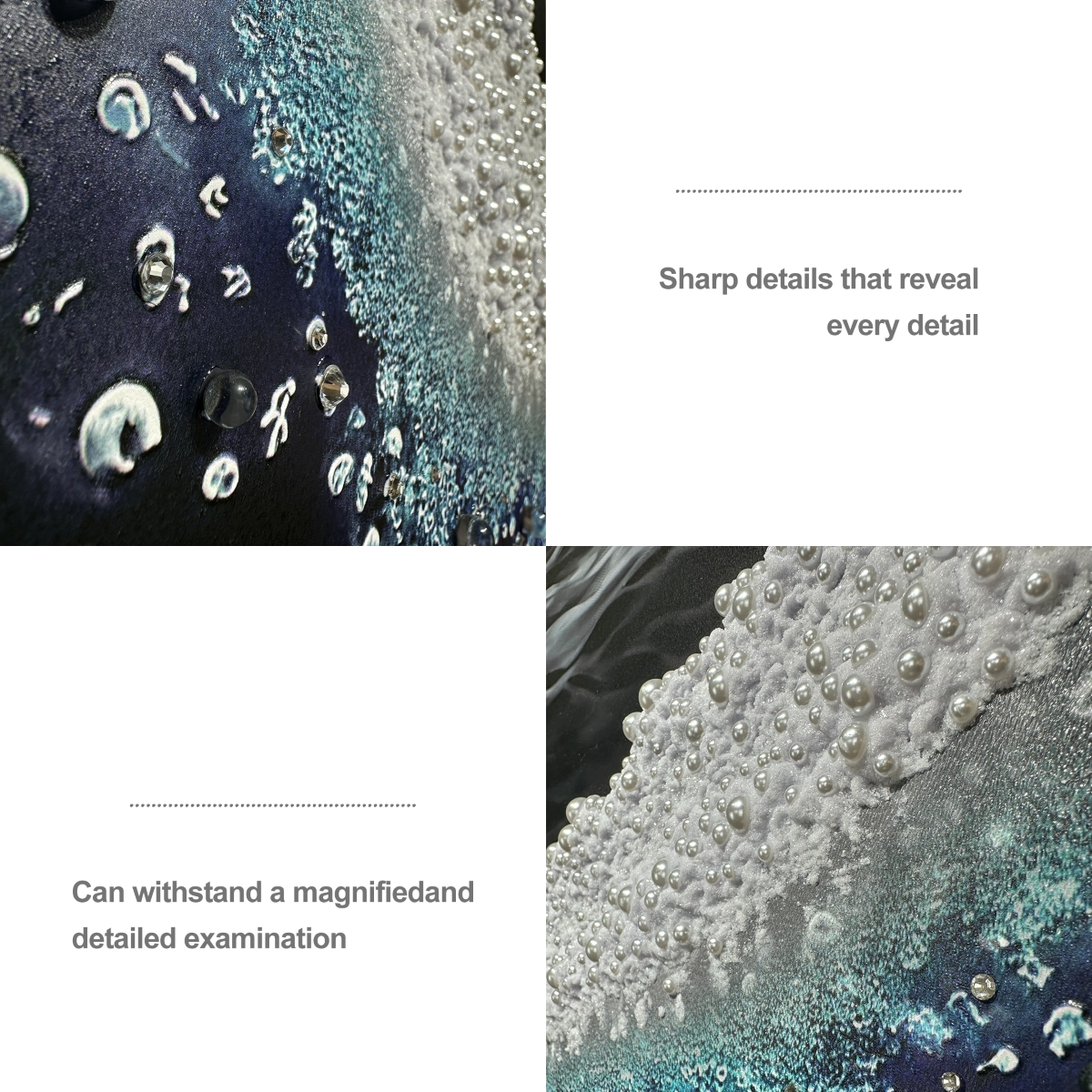 Artstellary close-up of textured wall decor with pearl and diamond accents, luxury handcrafted detail.