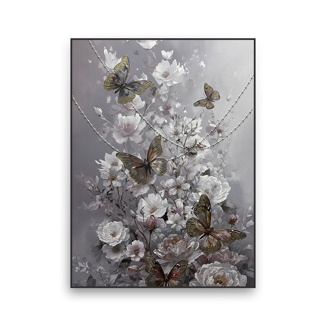 Artstellary floral wall art with pearl inlay butterflies and textured blooms, elegant décor for modern homes.