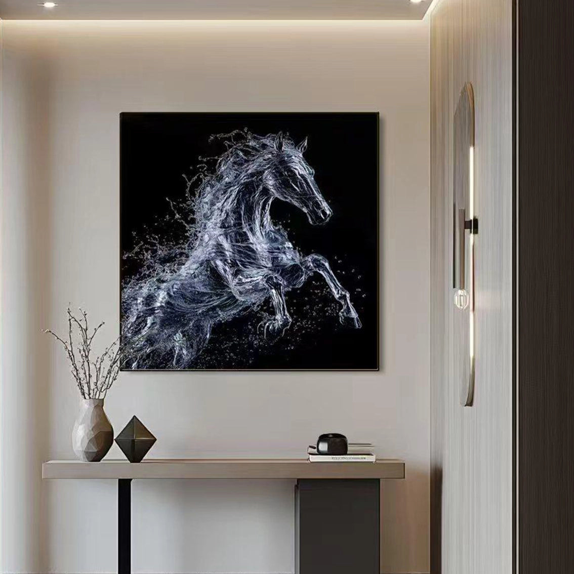 Artstellary textured galloping horse wall art with diamond inlay shown in a modern interior.
