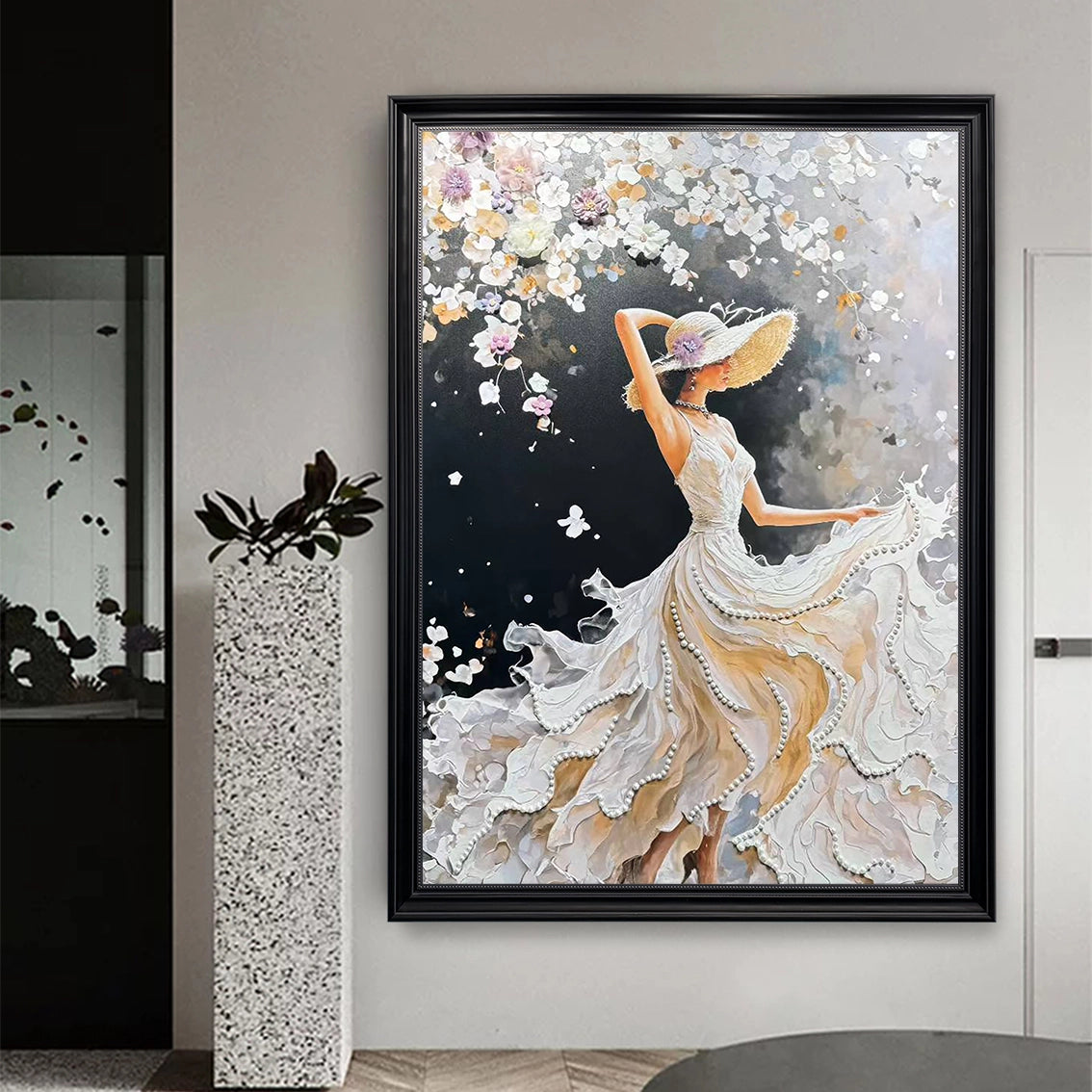Artstellary textured woman wall art with pearl inlay, shown in a modern interior space for elegant luxury wall decor.