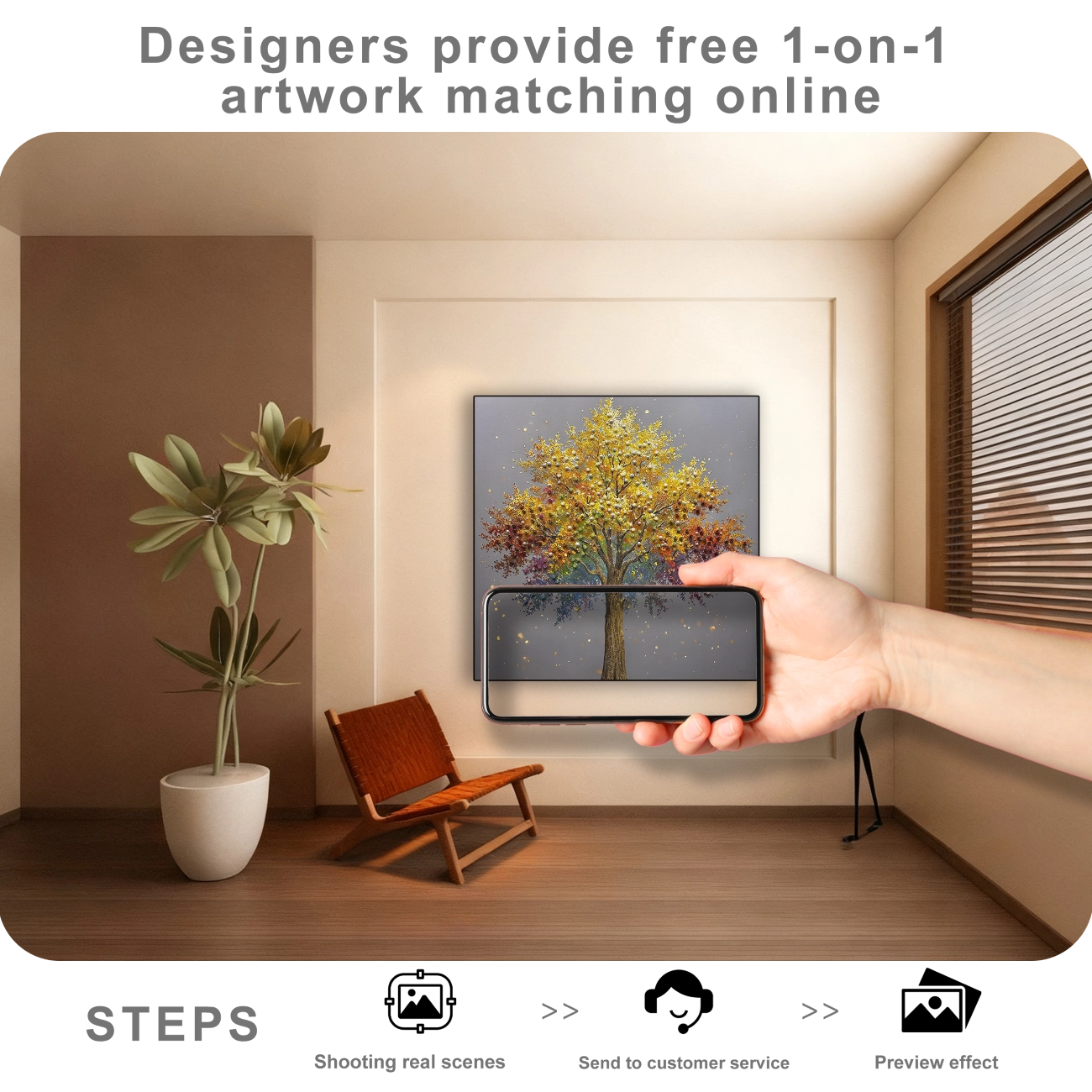 Free online artwork matching service showing wall art placement preview for modern home decor styling.