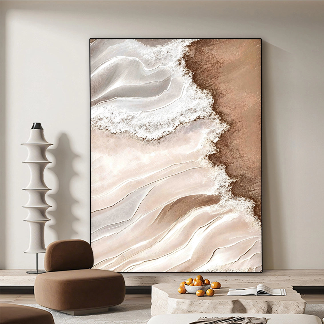 Beige textured coastal wall art with pearl inlay displayed in modern living room decor.