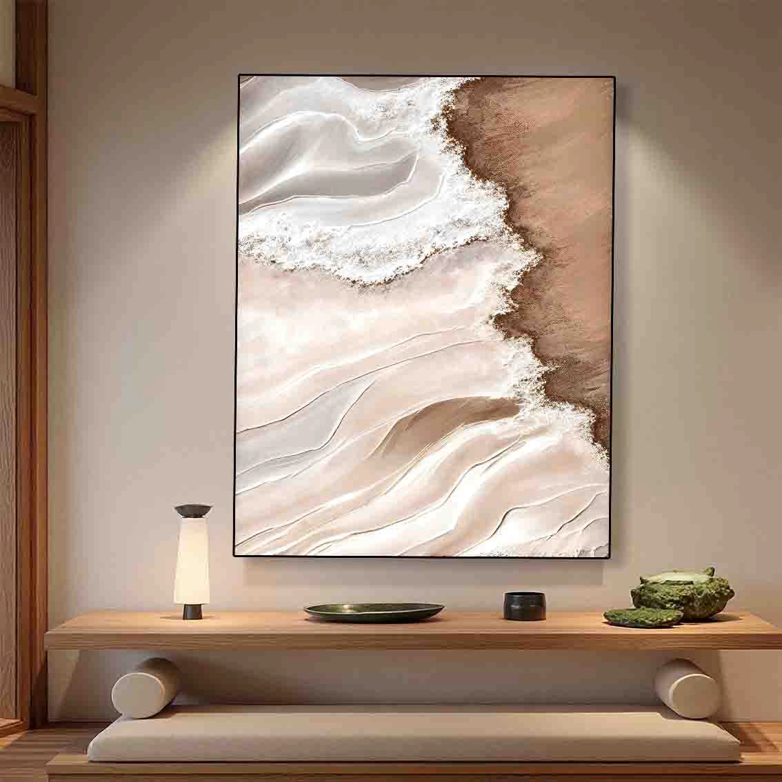 Beige wave textured pearl wall art adding modern elegance to entryway or console area decor.