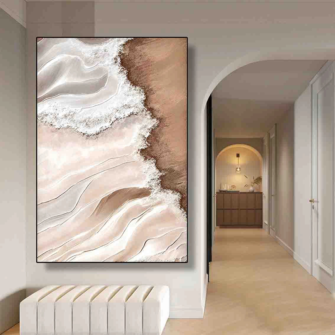 Beige wave textured pearl wall art for modern hallway wall decor, featuring layered details.