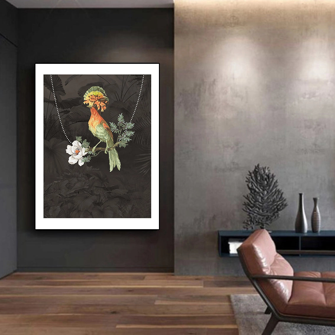 Bird pearl inlay wall art hanging in a dark modern hallway, enhancing stylish contemporary decor.