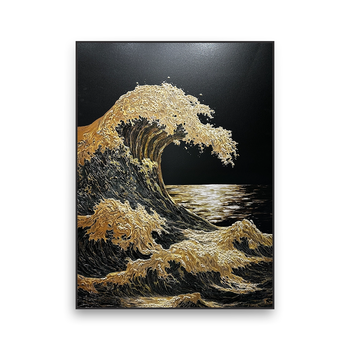 Black and gold golden wave wall art with heavy texture and pearl inlay.