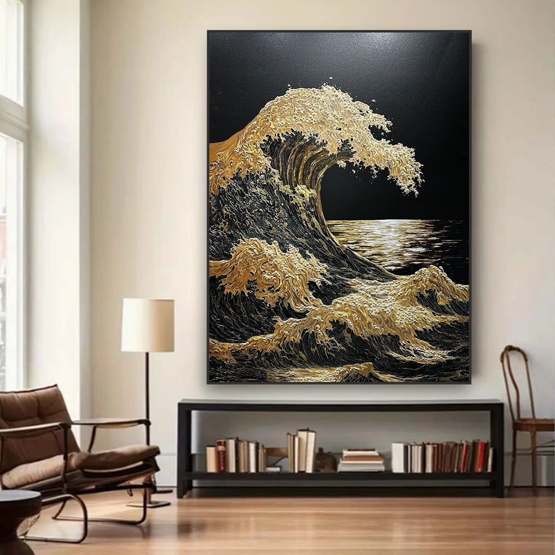 Large black and gold wave wall art for living room interior design.