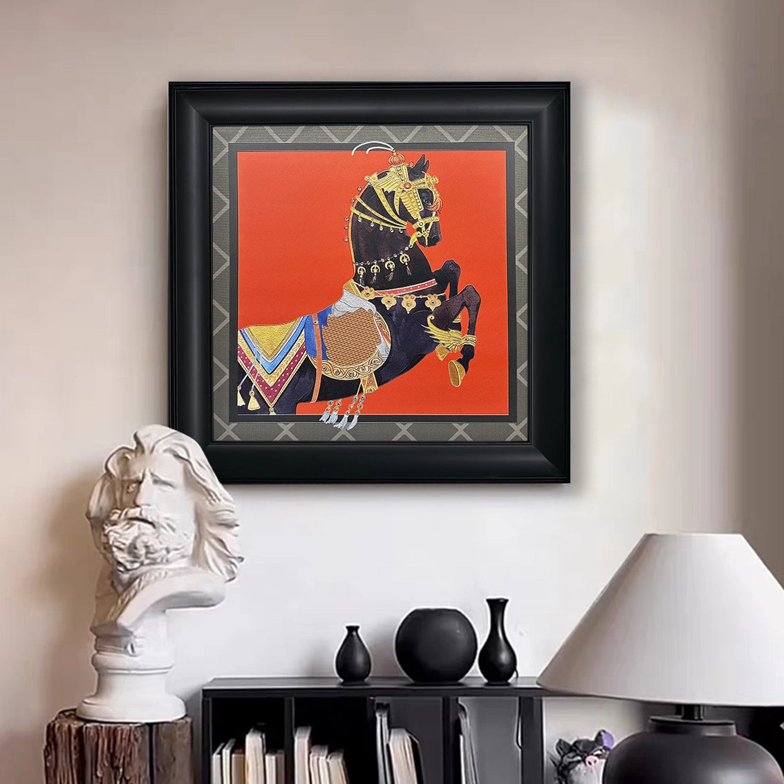Black horse diamond inlay textured wall art shown in a stylish room, adding bold artistic wall decor.