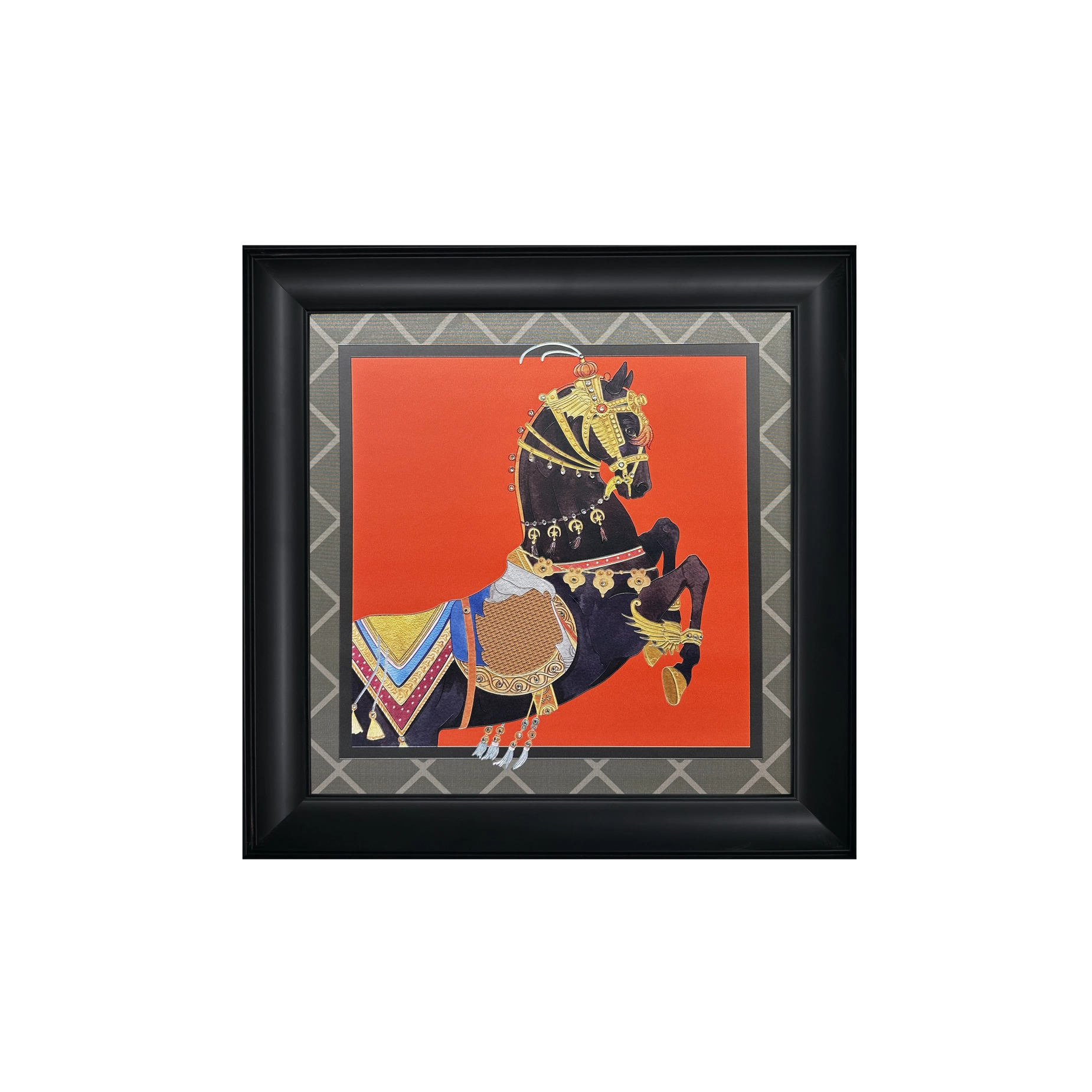 Artstellary luxury black horse textured wall art with diamond inlay on bold red background.