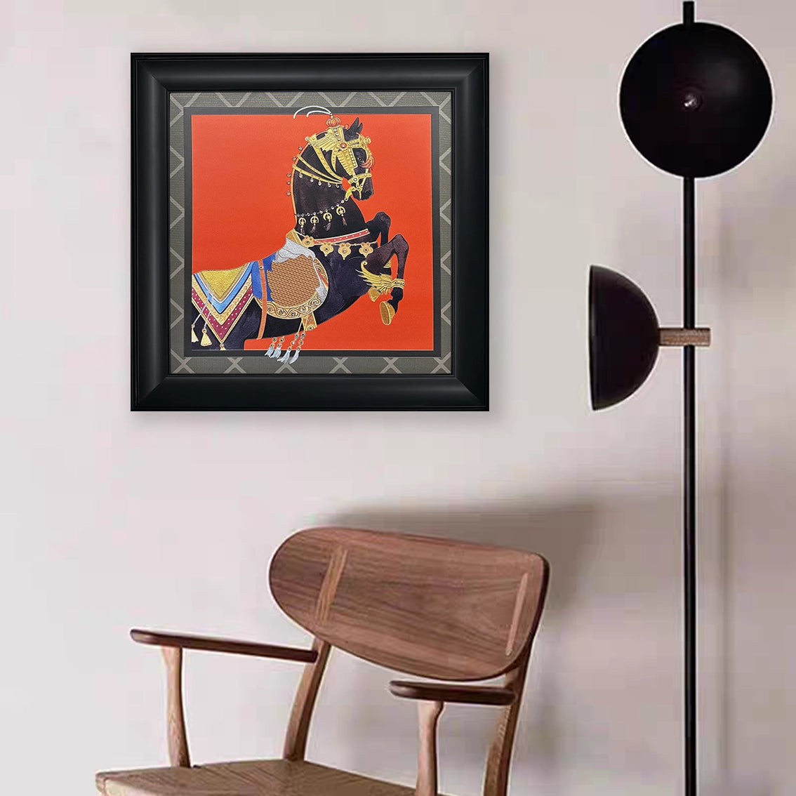 Textured black horse wall art with diamond inlay, displayed in a modern interior for elegant wall decor.