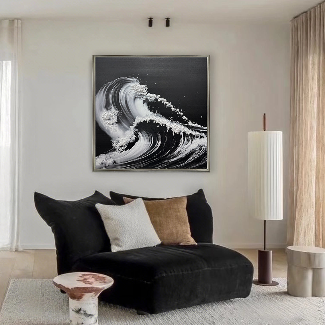 Modern wave wall art with heavy texture and pearl inlay, displayed as refined wall decor in a contemporary living room.