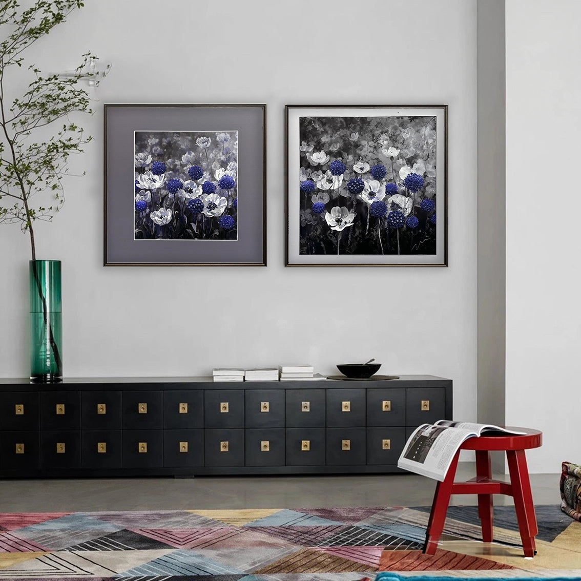 Blue floral diamond art with textured finish displayed in a modern living room wall decor setting.