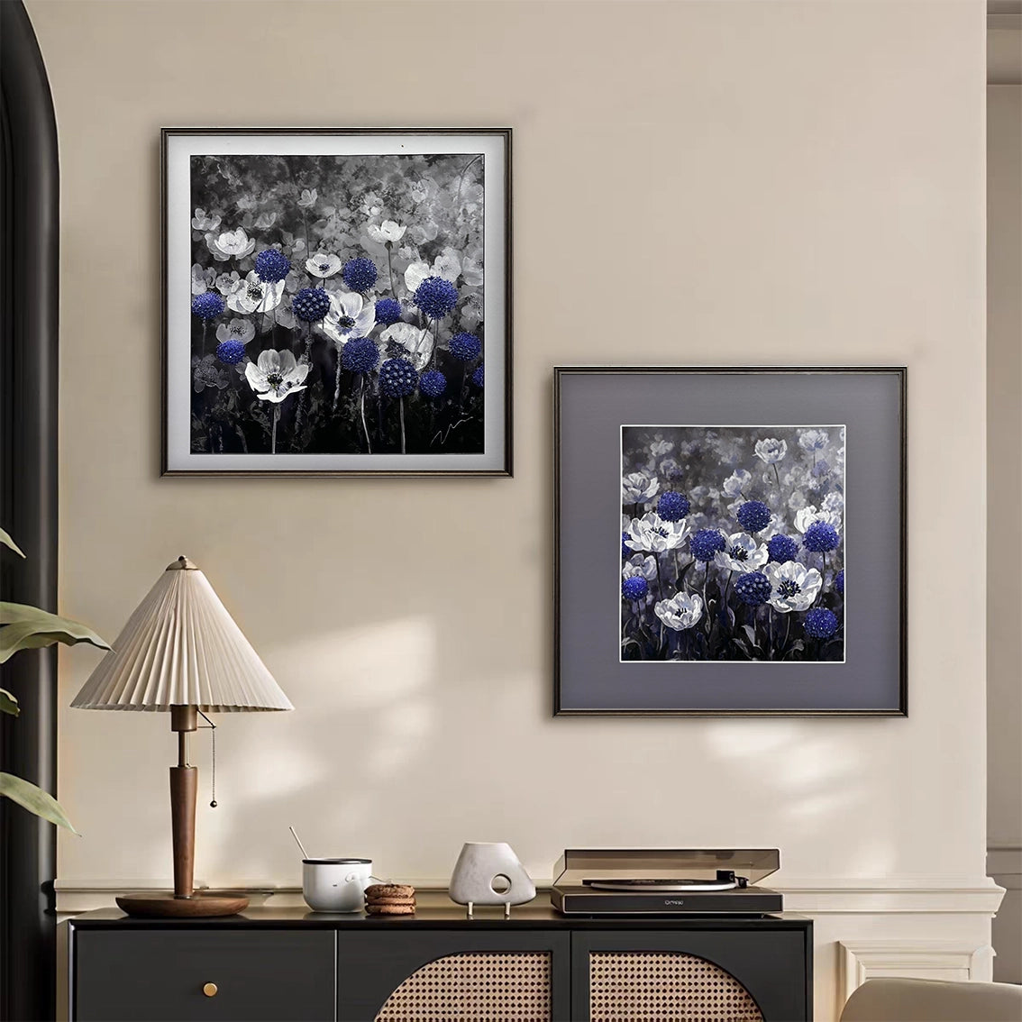 Blue floral textured wall art with diamond inlay displayed in a cozy interior, enhancing modern wall decor.