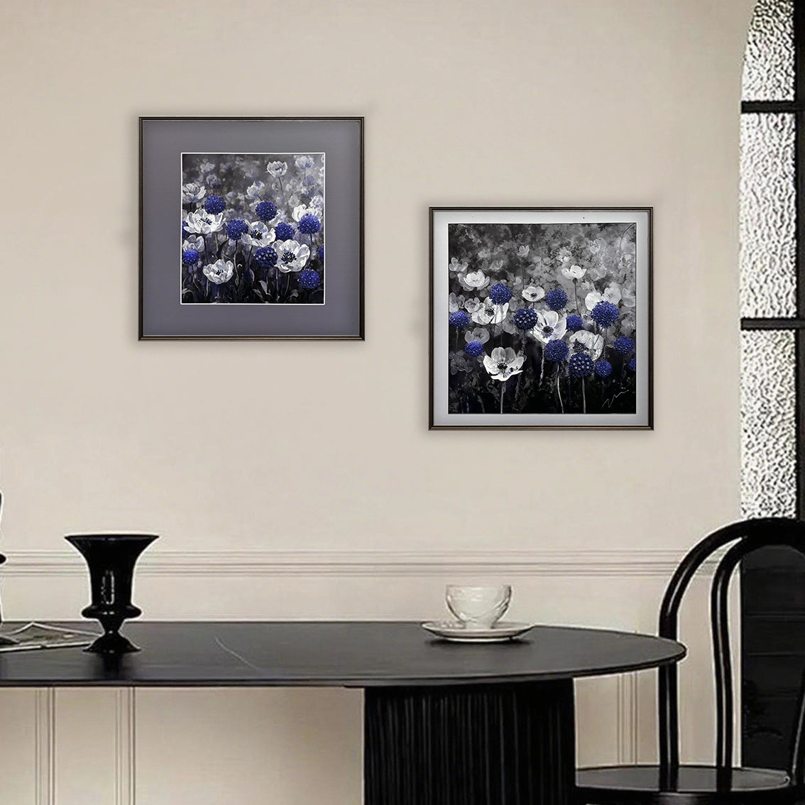 Blue and white floral textured wall art duo with diamond inlay displayed above a dining table for modern decor.