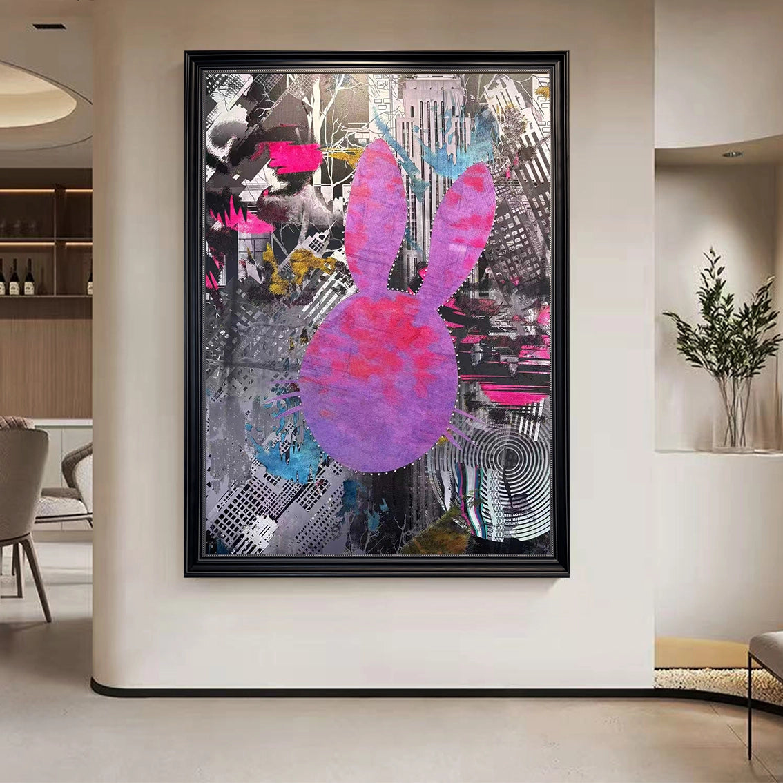 Bold bunny abstract wall decor featured in a bright contemporary hallway for modern home style.