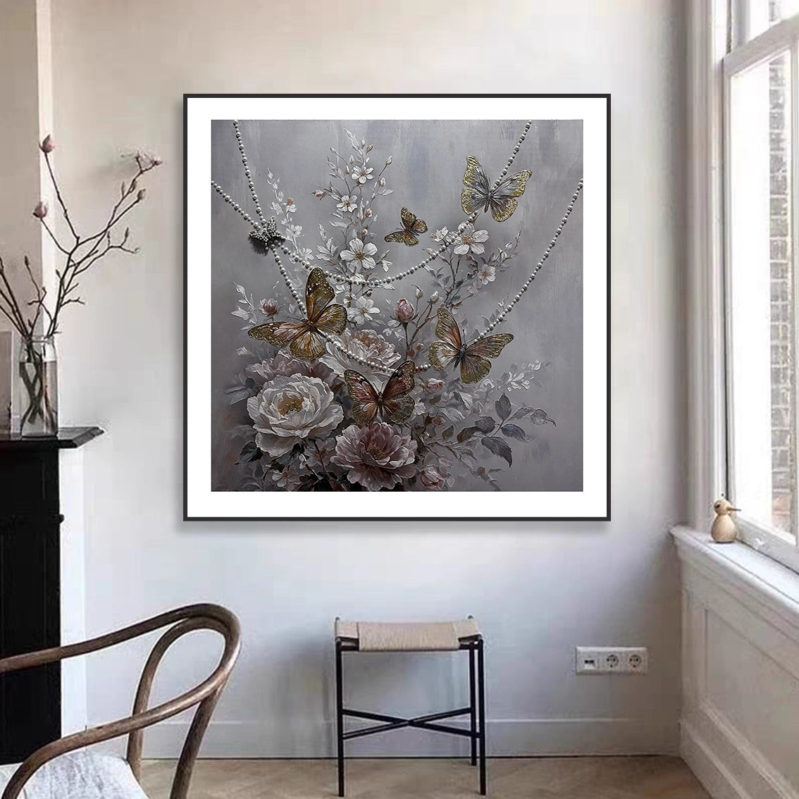 Elegant butterfly floral wall art for living room wall decor near window setting.