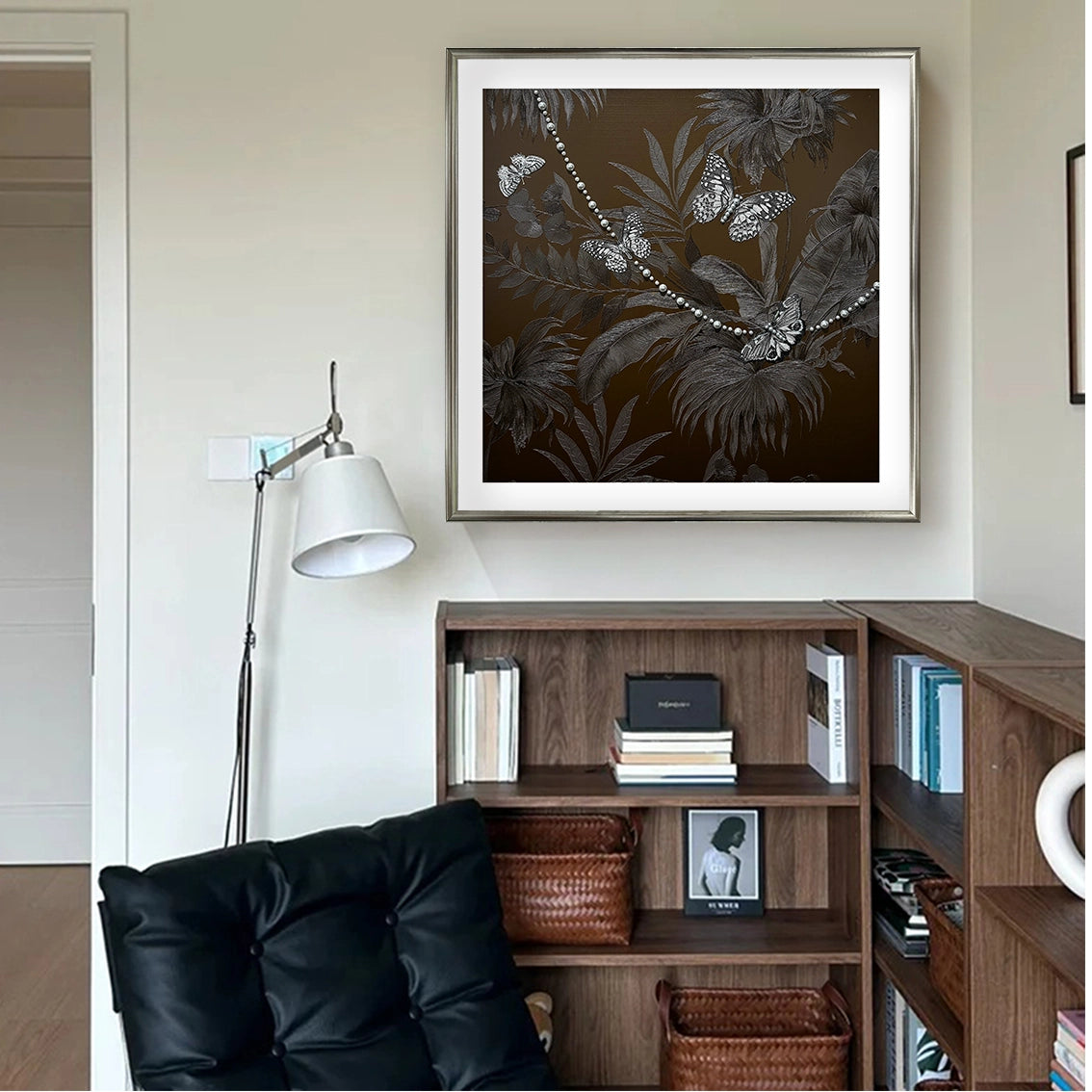 Luxury butterfly pearl textured wall art for home office decor, adding refined elegance and artistic depth.