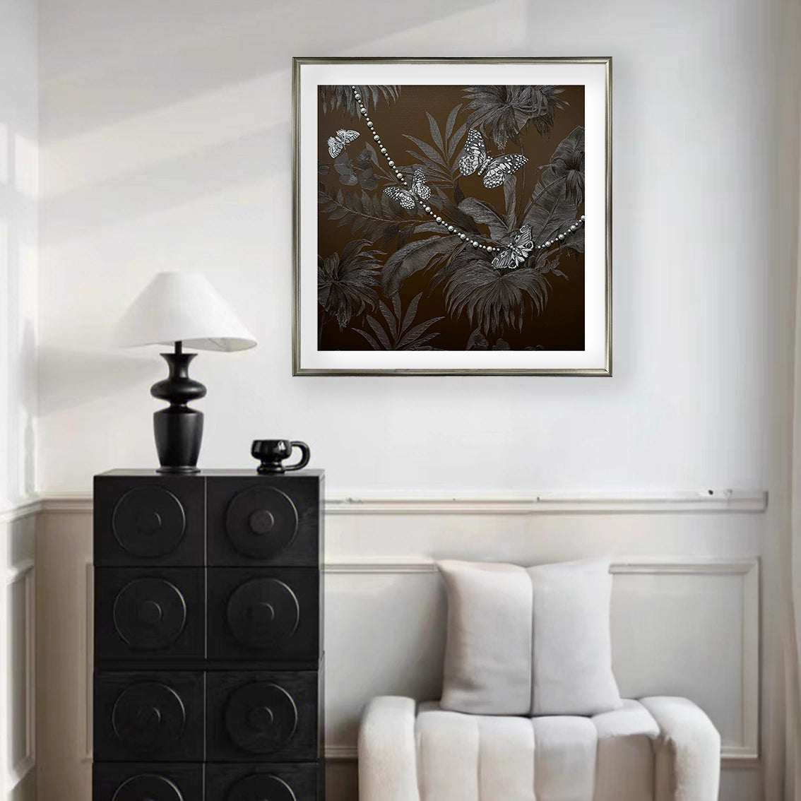 Luxury butterfly pearl textured wall art for living room decor, adding elegance to modern interiors.