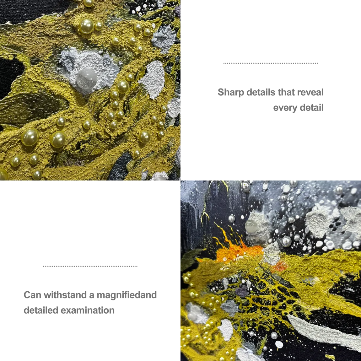 Close-up of textured wall art with pearl and crystal inlay, showcasing abstract design details for luxury home décor.