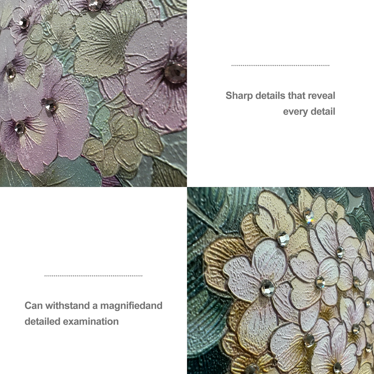 Close-up of textured floral wall art with diamond inlay highlighting detailed craftsmanship and modern decorative wall art.