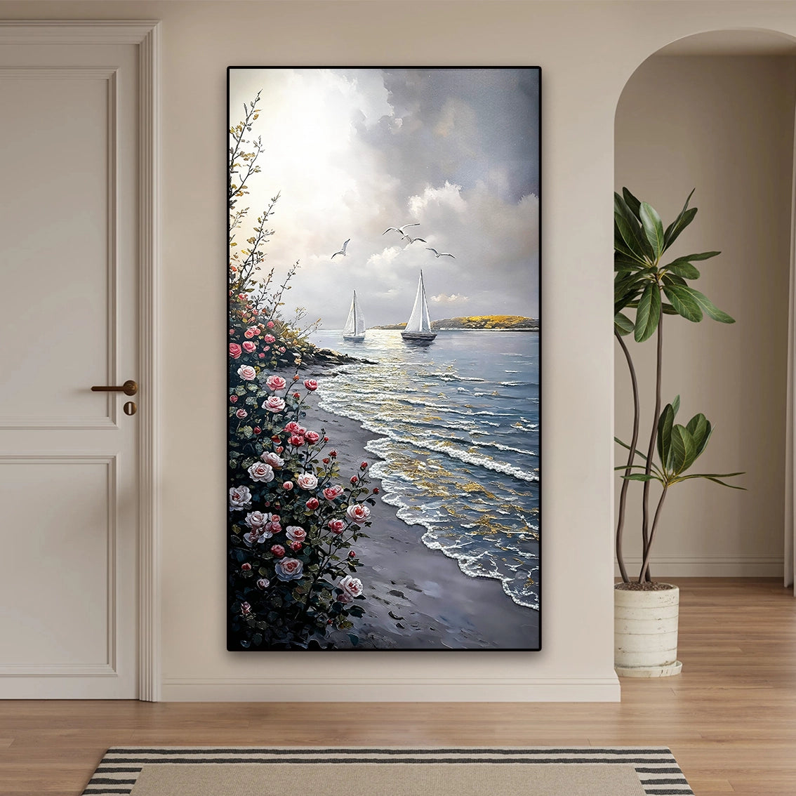 Coastal floral textured wall art enhancing a bright hallway space with elegant coastal-inspired décor.