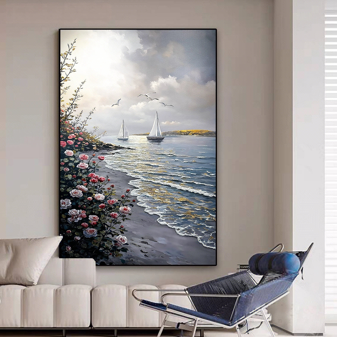 Coastal floral textured wall art with pearl and crystal inlay, creating relaxing seaside wall decor above sofa.