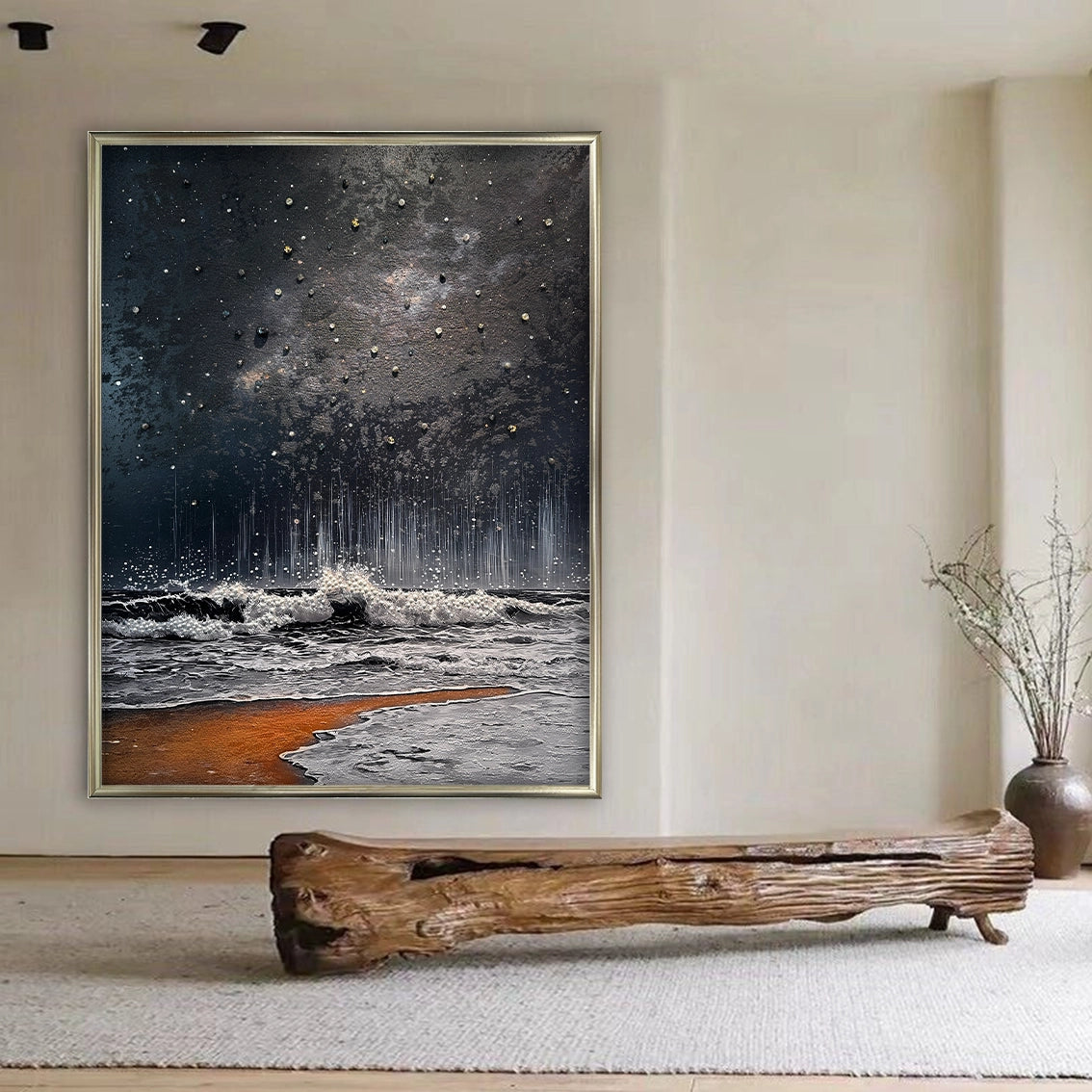 Coastal wave textured wall art with pearl and crystal details for warm, modern natural wall decor.