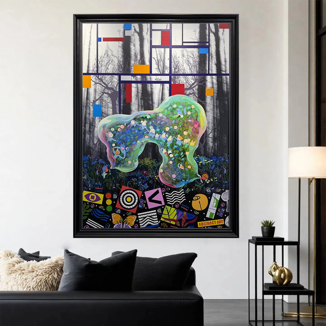 Colorful abstract textured wall art with pearl details displayed in a modern living room.