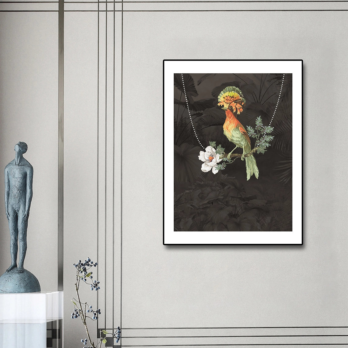 Colorful bird artwork with pearl inlay featured in a modern entryway, providing stylish wall decor.