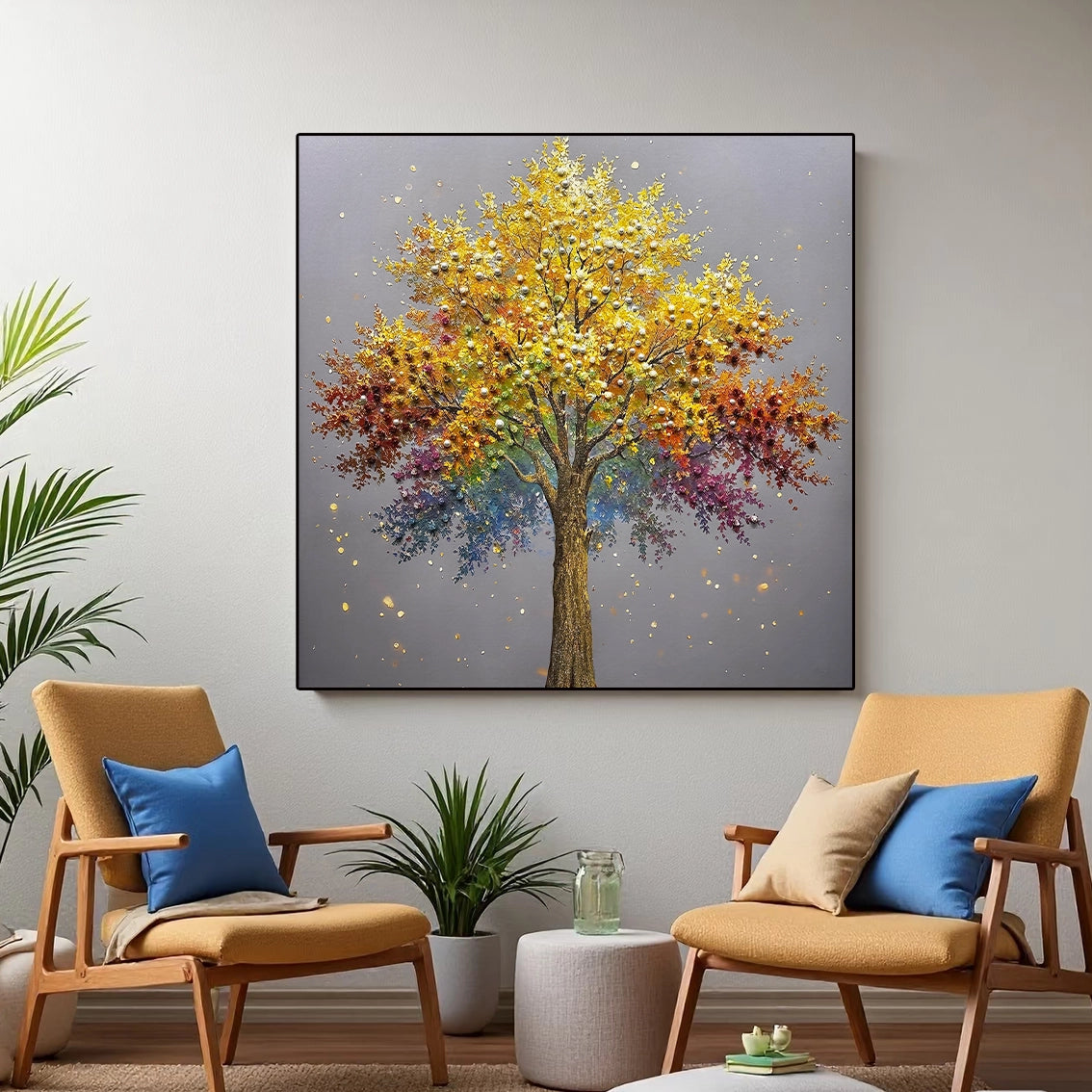 Colorful tree wall art with pearl and heavy texture design, perfect wall decor for stylish living spaces.
